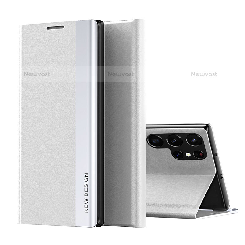 Leather Case Stands Flip Cover Holder for Samsung Galaxy S23 Ultra 5G White