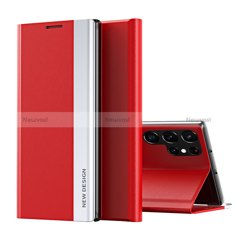 Leather Case Stands Flip Cover Holder for Samsung Galaxy S24 Ultra 5G Red