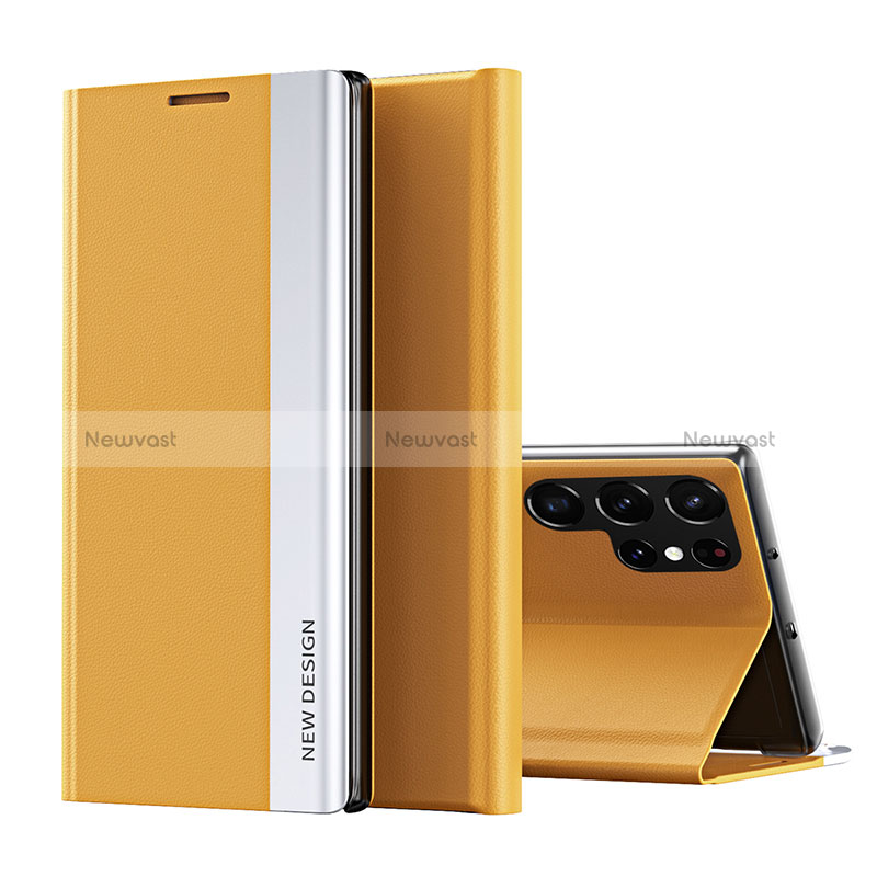 Leather Case Stands Flip Cover Holder for Samsung Galaxy S24 Ultra 5G Yellow