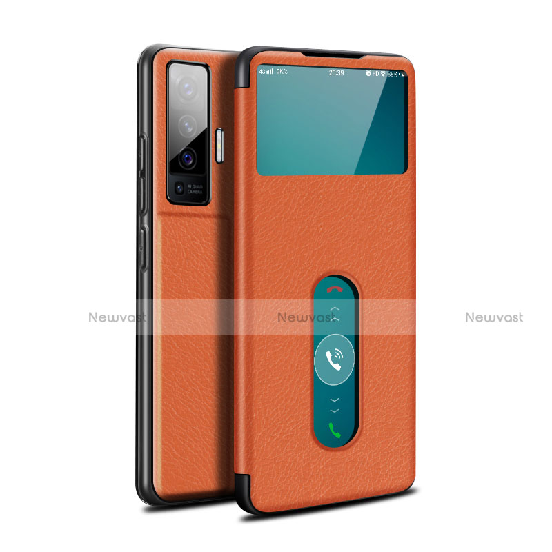 Leather Case Stands Flip Cover Holder for Vivo X50 5G Orange