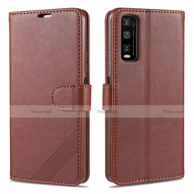 Leather Case Stands Flip Cover Holder for Vivo Y12s Brown