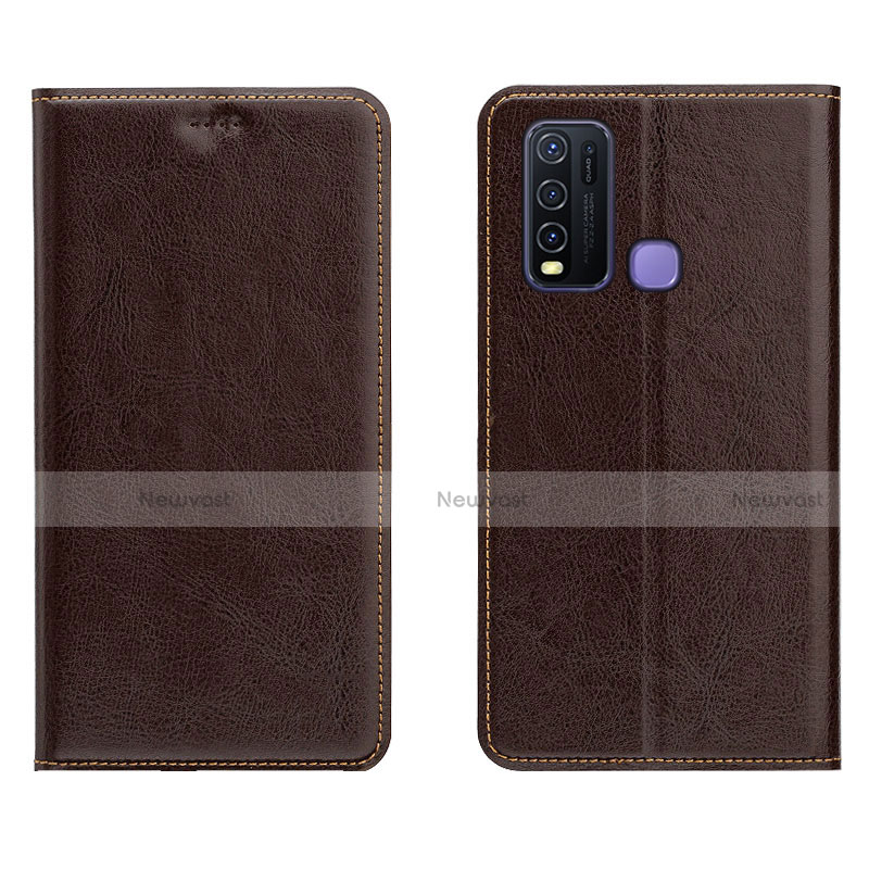 Leather Case Stands Flip Cover Holder for Vivo Y50 Brown