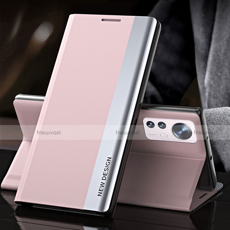 Leather Case Stands Flip Cover Holder for Xiaomi Mi 12 5G Pink