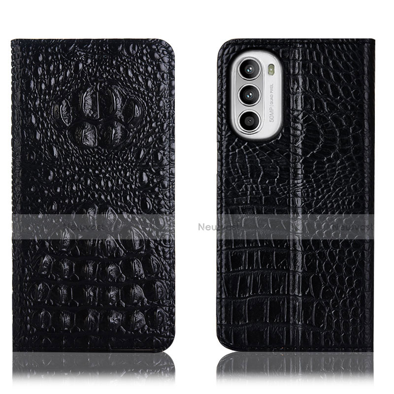 Leather Case Stands Flip Cover Holder H01P for Motorola Moto G82 5G Black