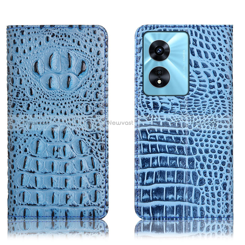 Leather Case Stands Flip Cover Holder H01P for Oppo A58 4G Sky Blue