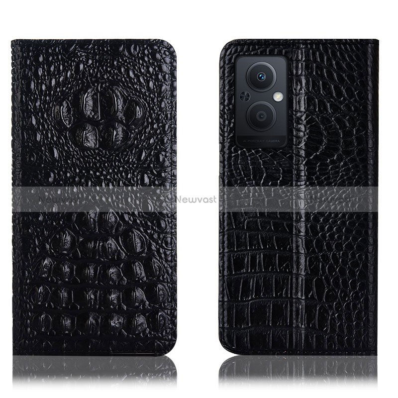 Leather Case Stands Flip Cover Holder H01P for Oppo A96 5G Black