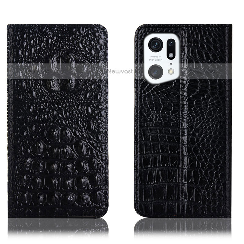 Leather Case Stands Flip Cover Holder H01P for Oppo Find X5 Pro 5G Black