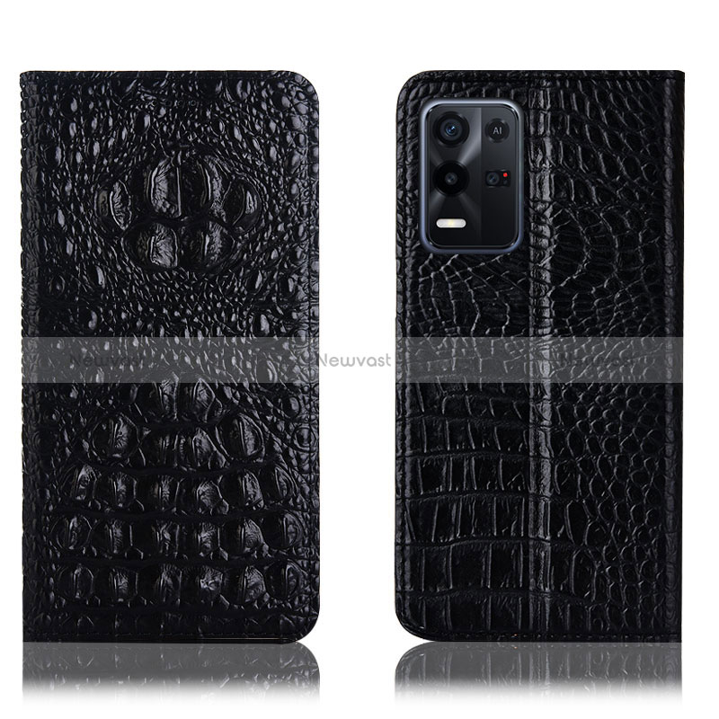 Leather Case Stands Flip Cover Holder H01P for Oppo K9X 5G Black