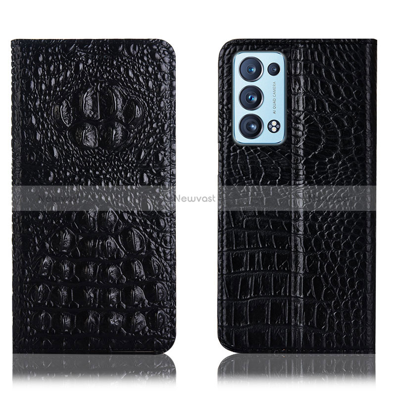 Leather Case Stands Flip Cover Holder H01P for Oppo Reno6 Pro 5G Black