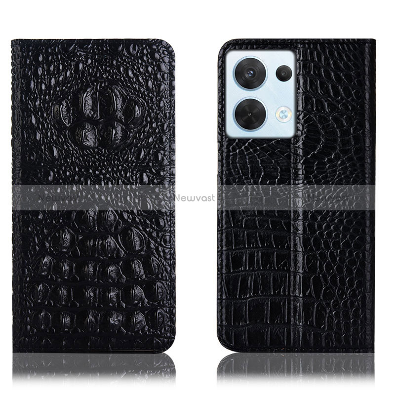 Leather Case Stands Flip Cover Holder H01P for Oppo Reno8 5G Black