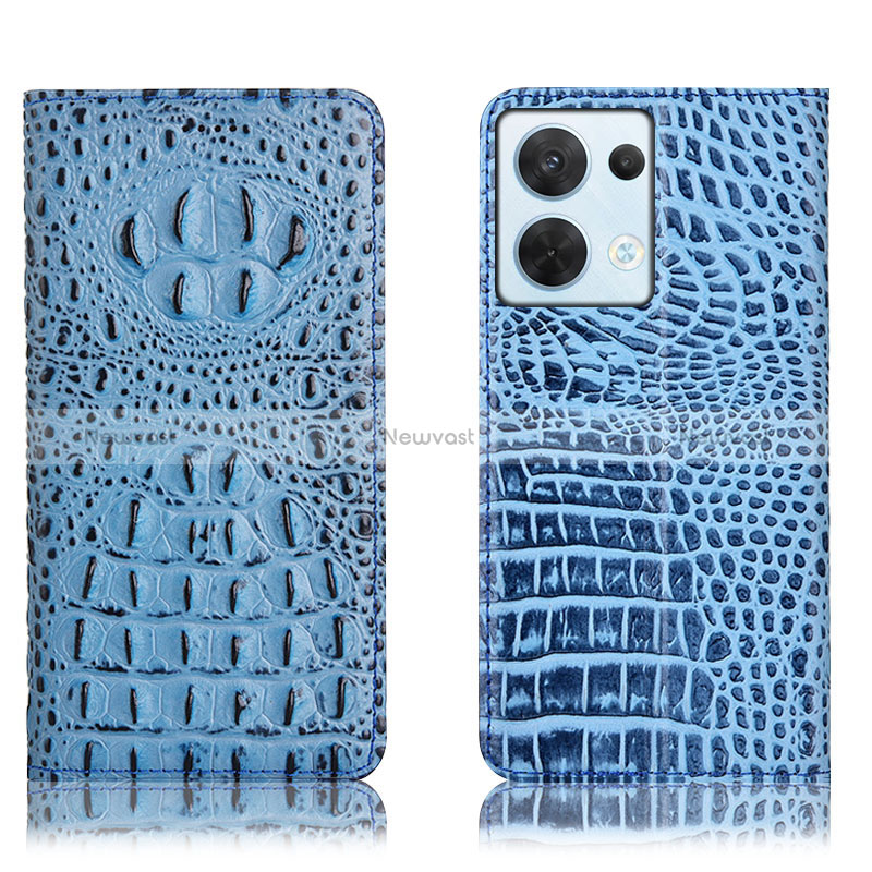 Leather Case Stands Flip Cover Holder H01P for Oppo Reno9 5G Sky Blue