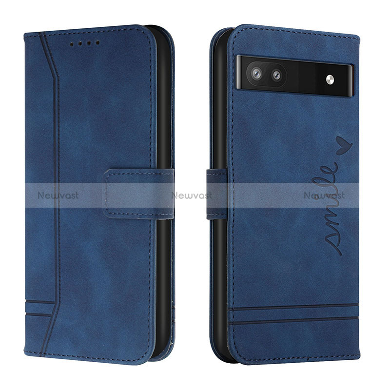 Leather Case Stands Flip Cover Holder H01X for Google Pixel 6a 5G Blue