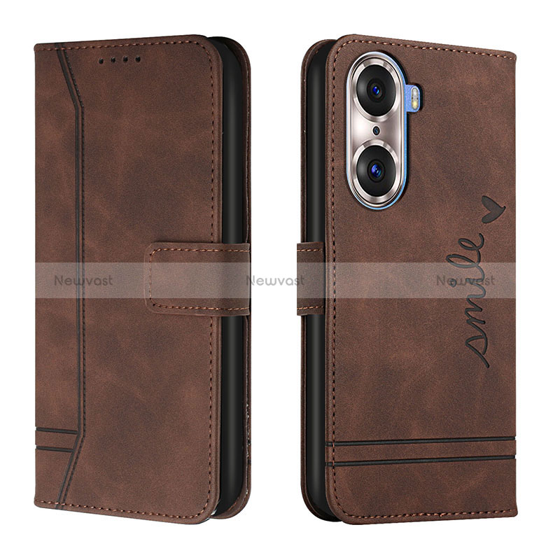 Leather Case Stands Flip Cover Holder H01X for Huawei Honor 60 Pro 5G Brown