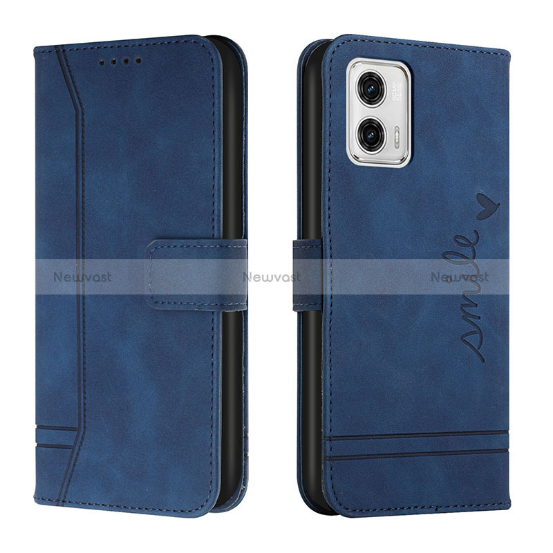 Leather Case Stands Flip Cover Holder H01X for Motorola Moto G73 5G Blue