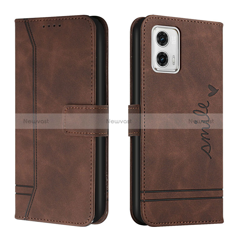 Leather Case Stands Flip Cover Holder H01X for Motorola Moto G73 5G Brown