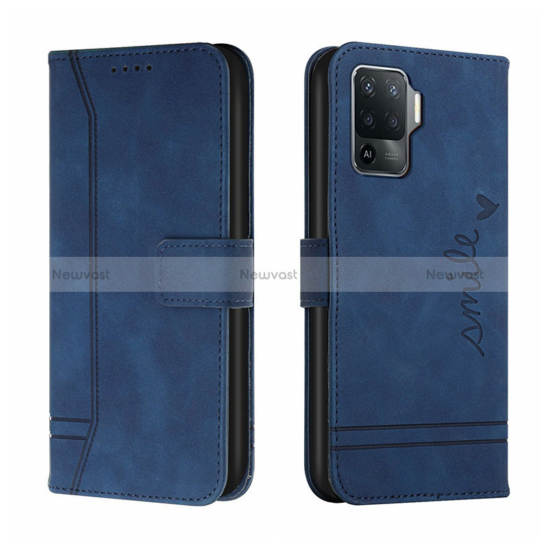 Leather Case Stands Flip Cover Holder H01X for Oppo Reno5 F Blue