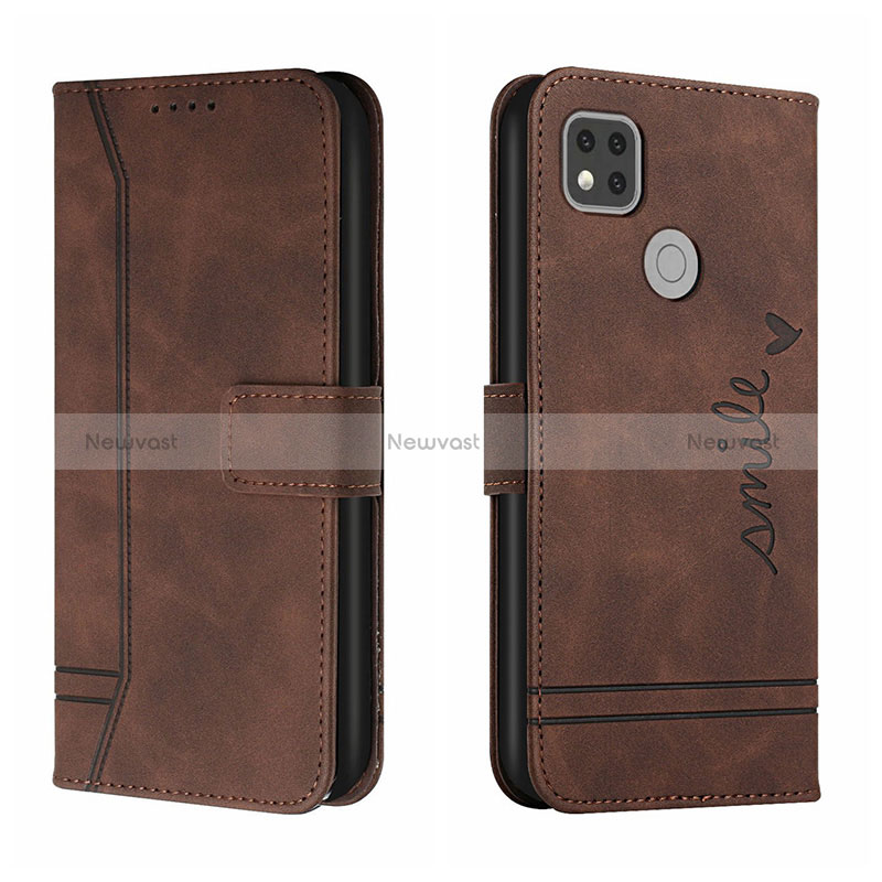 Leather Case Stands Flip Cover Holder H01X for Xiaomi POCO C3 Brown