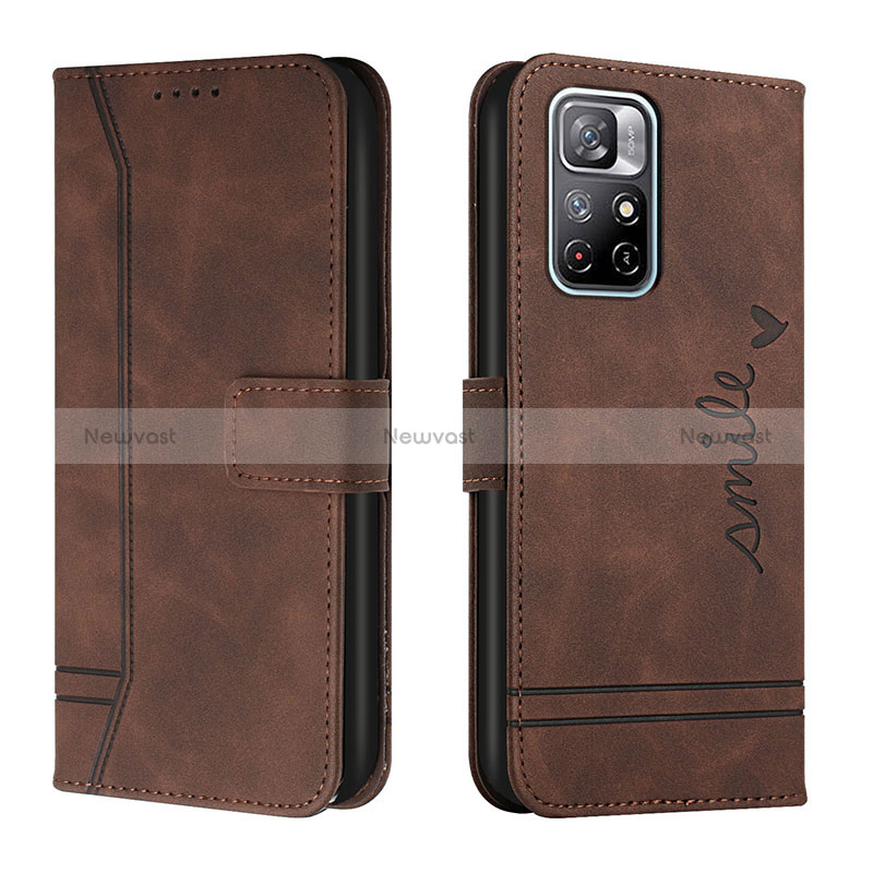 Leather Case Stands Flip Cover Holder H01X for Xiaomi Poco M4 Pro 5G Brown