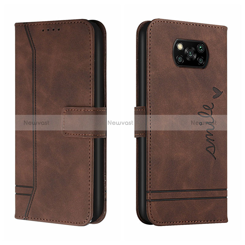 Leather Case Stands Flip Cover Holder H01X for Xiaomi Poco X3 Brown