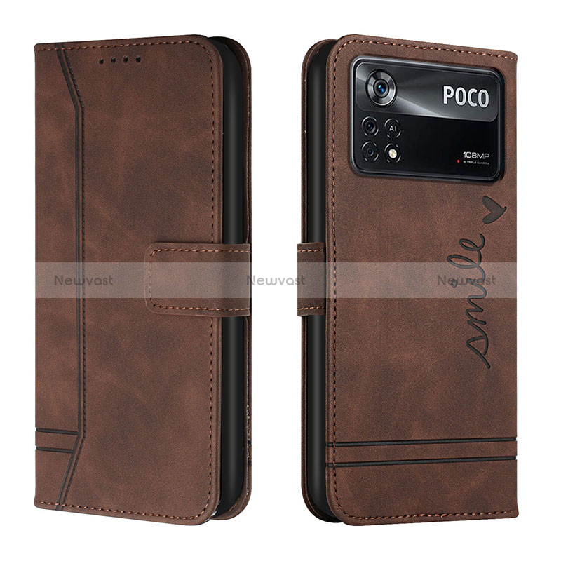 Leather Case Stands Flip Cover Holder H01X for Xiaomi Poco X4 Pro 5G Brown