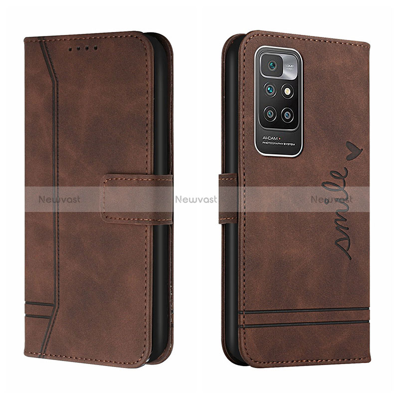 Leather Case Stands Flip Cover Holder H01X for Xiaomi Redmi 10 4G Brown