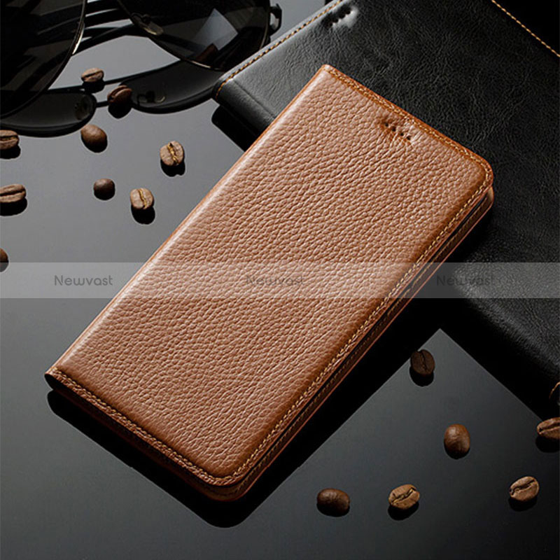 Leather Case Stands Flip Cover Holder H02P for Apple iPhone 12 Pro Max Light Brown