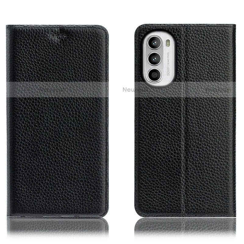 Leather Case Stands Flip Cover Holder H02P for Motorola Moto Edge (2022) 5G Black