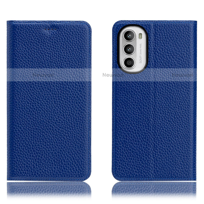 Leather Case Stands Flip Cover Holder H02P for Motorola Moto Edge (2022) 5G Blue