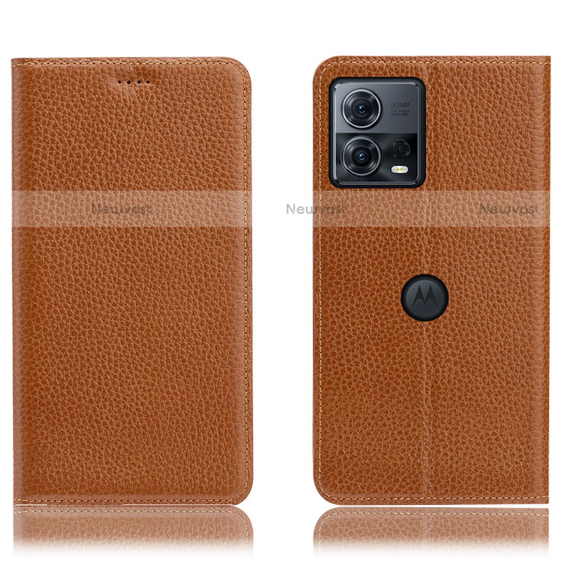 Leather Case Stands Flip Cover Holder H02P for Motorola Moto Edge 30 Fusion 5G Light Brown