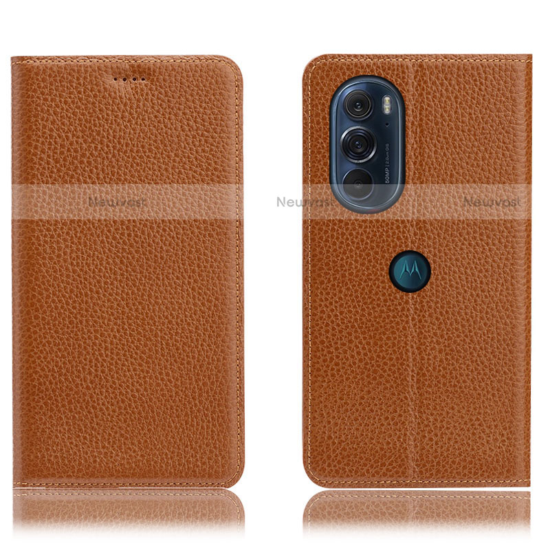 Leather Case Stands Flip Cover Holder H02P for Motorola Moto Edge 30 Pro 5G Light Brown