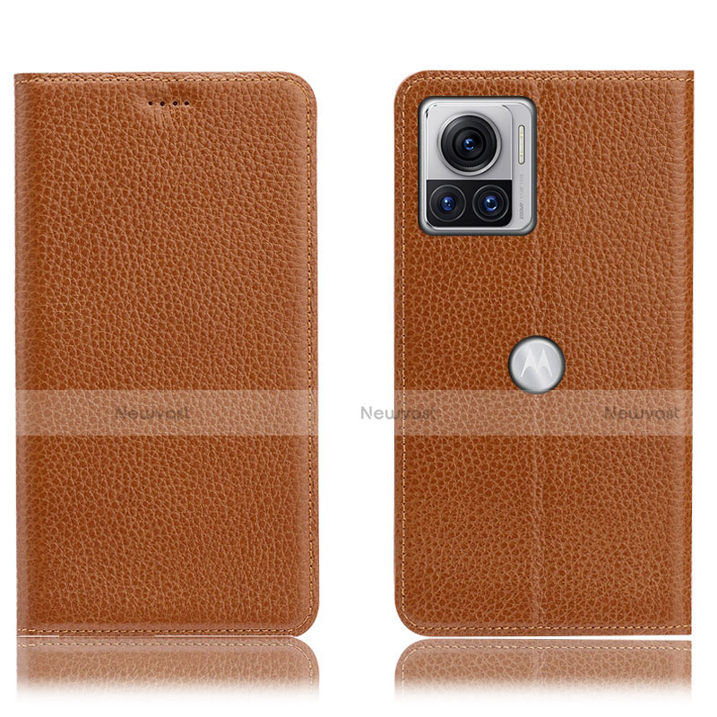 Leather Case Stands Flip Cover Holder H02P for Motorola Moto Edge 30 Ultra 5G Light Brown