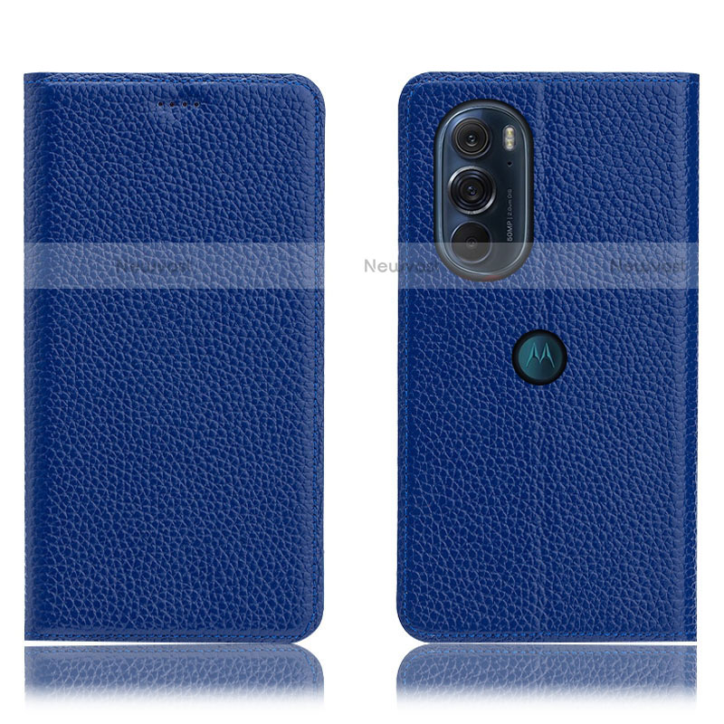 Leather Case Stands Flip Cover Holder H02P for Motorola Moto Edge Plus (2022) 5G Blue