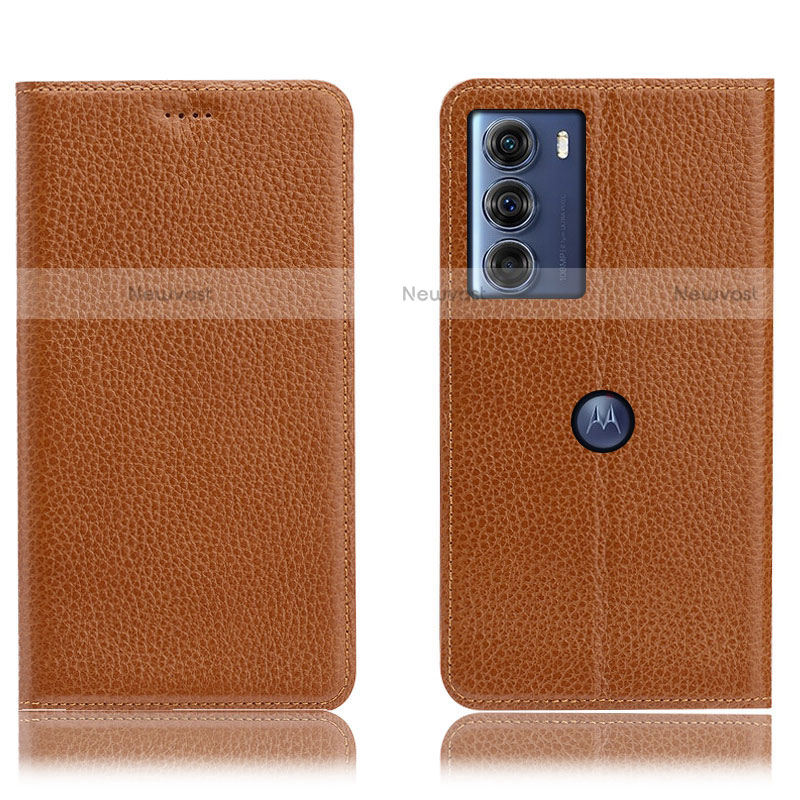 Leather Case Stands Flip Cover Holder H02P for Motorola Moto Edge S30 5G Light Brown