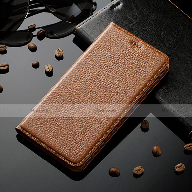 Leather Case Stands Flip Cover Holder H02P for Motorola Moto G30 Light Brown