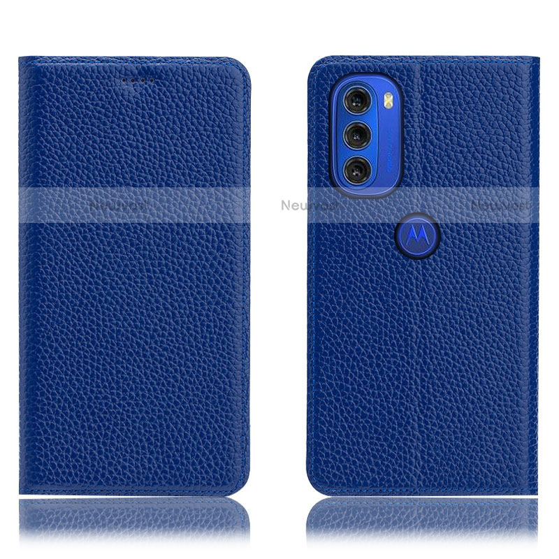 Leather Case Stands Flip Cover Holder H02P for Motorola Moto G51 5G Blue