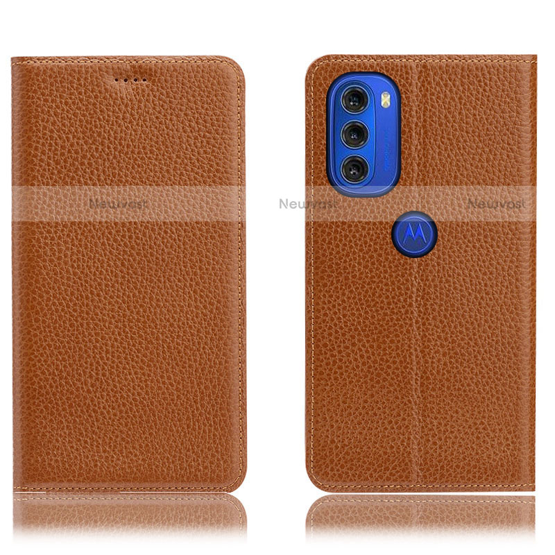 Leather Case Stands Flip Cover Holder H02P for Motorola Moto G51 5G Light Brown