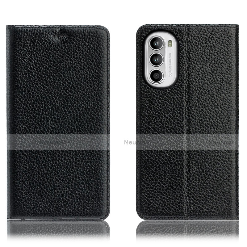 Leather Case Stands Flip Cover Holder H02P for Motorola MOTO G52 Black