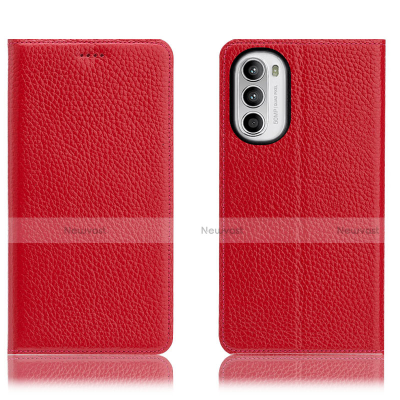 Leather Case Stands Flip Cover Holder H02P for Motorola MOTO G52 Red