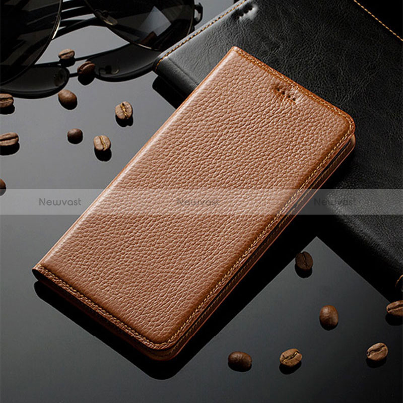 Leather Case Stands Flip Cover Holder H02P for Motorola Moto G53 5G Light Brown