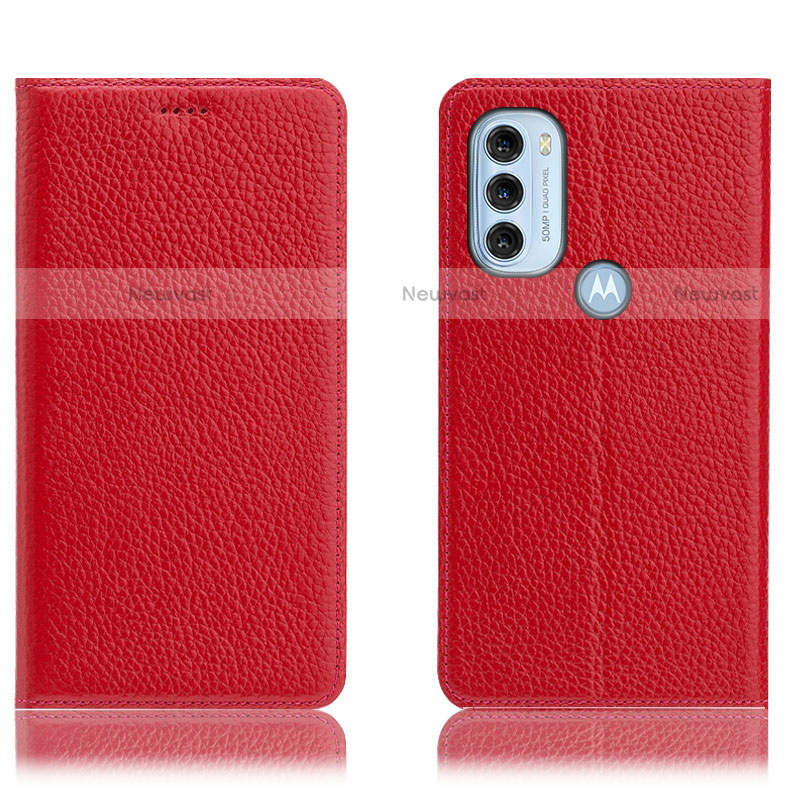 Leather Case Stands Flip Cover Holder H02P for Motorola Moto G71 5G Red