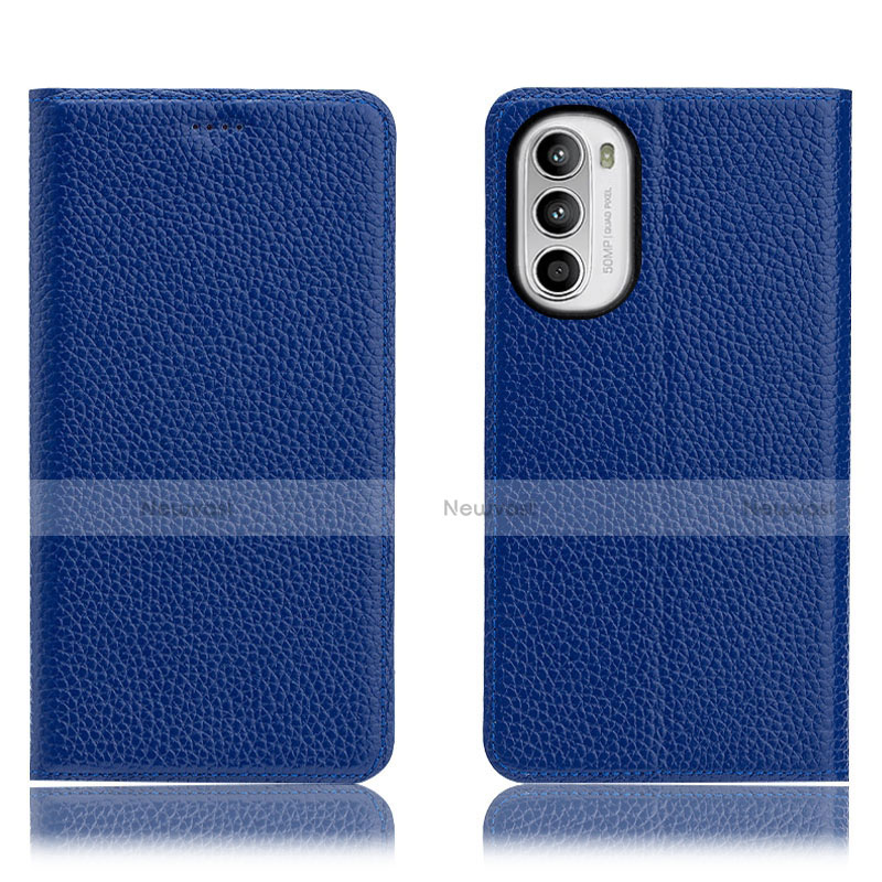 Leather Case Stands Flip Cover Holder H02P for Motorola Moto G82 5G Blue