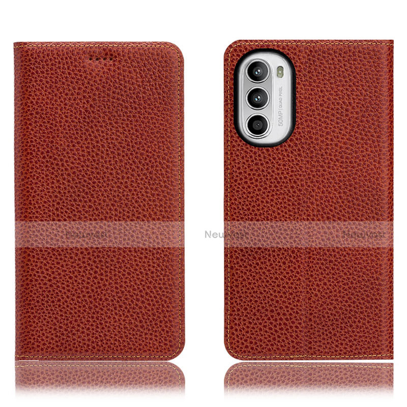 Leather Case Stands Flip Cover Holder H02P for Motorola Moto G82 5G Brown