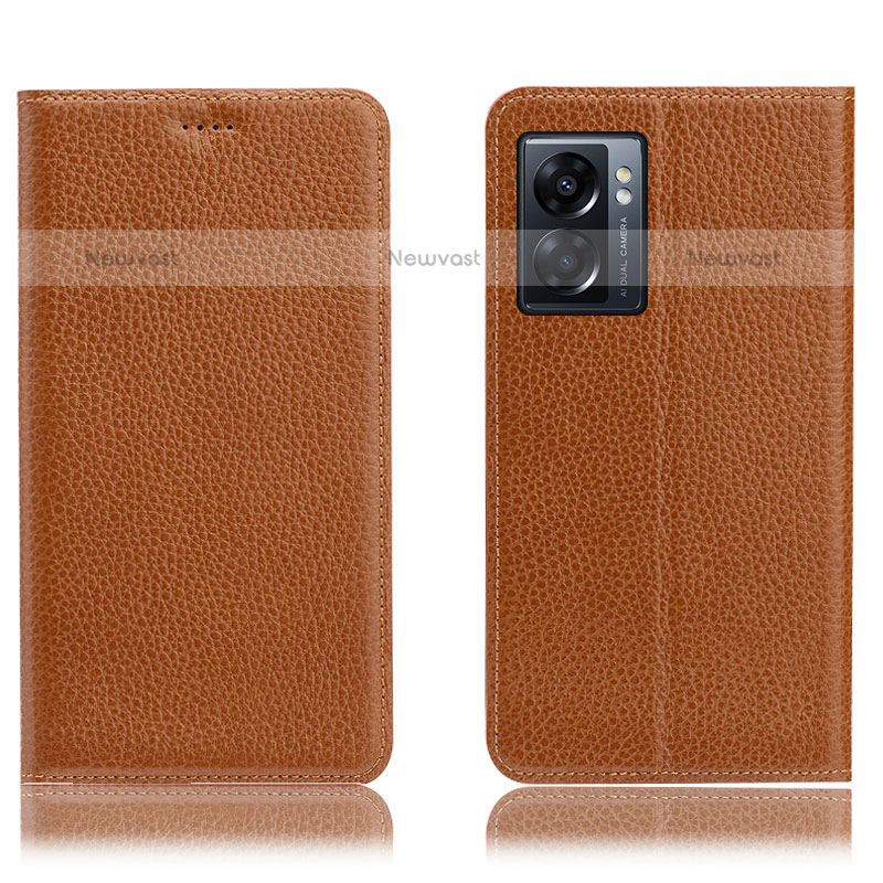 Leather Case Stands Flip Cover Holder H02P for OnePlus Nord N300 5G Light Brown