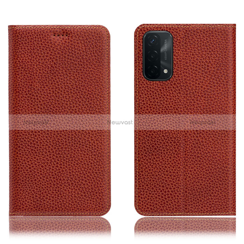 Leather Case Stands Flip Cover Holder H02P for Oppo A54 5G Brown