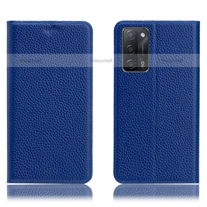 Leather Case Stands Flip Cover Holder H02P for Oppo A55 5G Blue