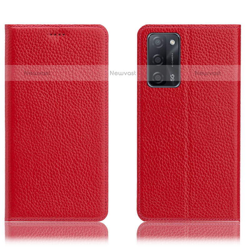 Leather Case Stands Flip Cover Holder H02P for Oppo A55 5G Red