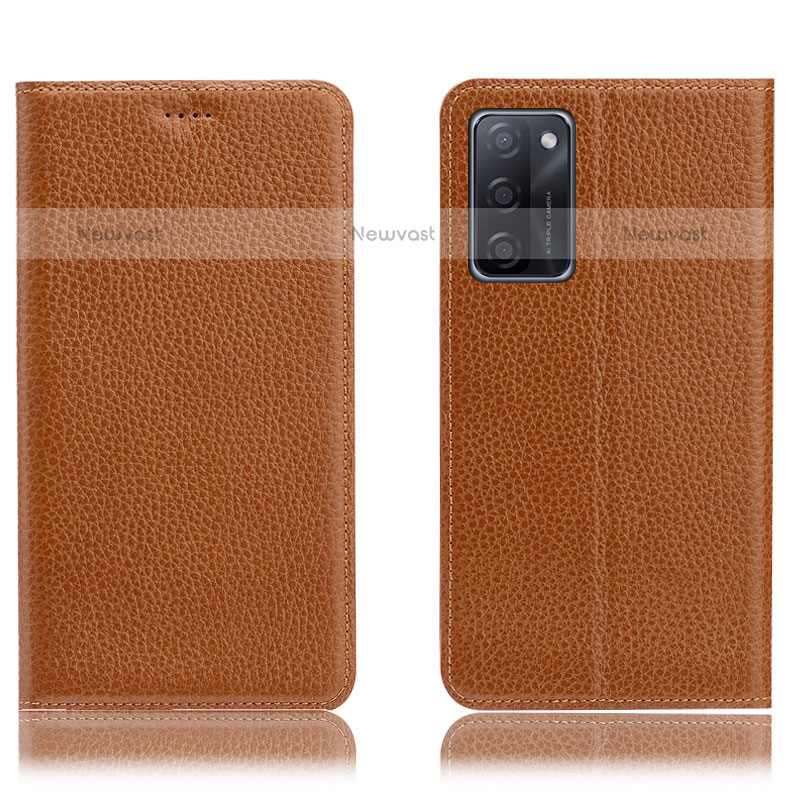 Leather Case Stands Flip Cover Holder H02P for Oppo A55S 5G Light Brown