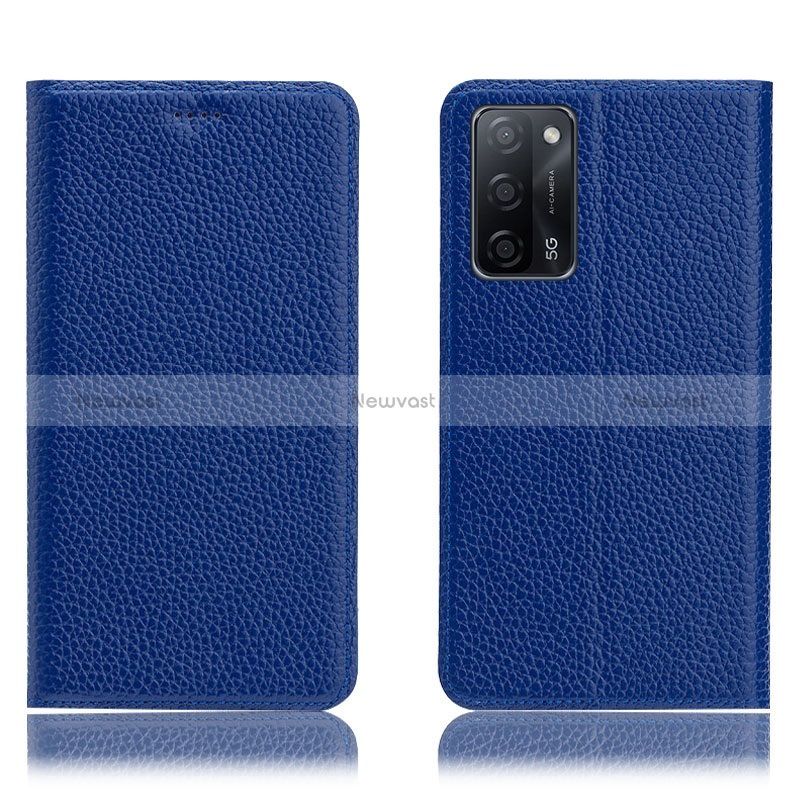 Leather Case Stands Flip Cover Holder H02P for Oppo A56 5G Blue