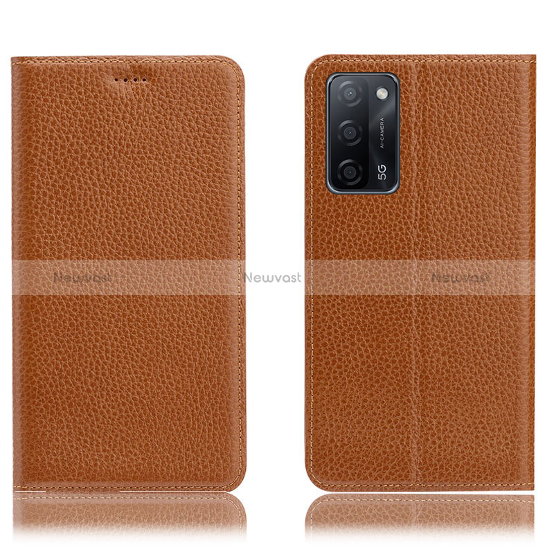 Leather Case Stands Flip Cover Holder H02P for Oppo A56 5G Light Brown