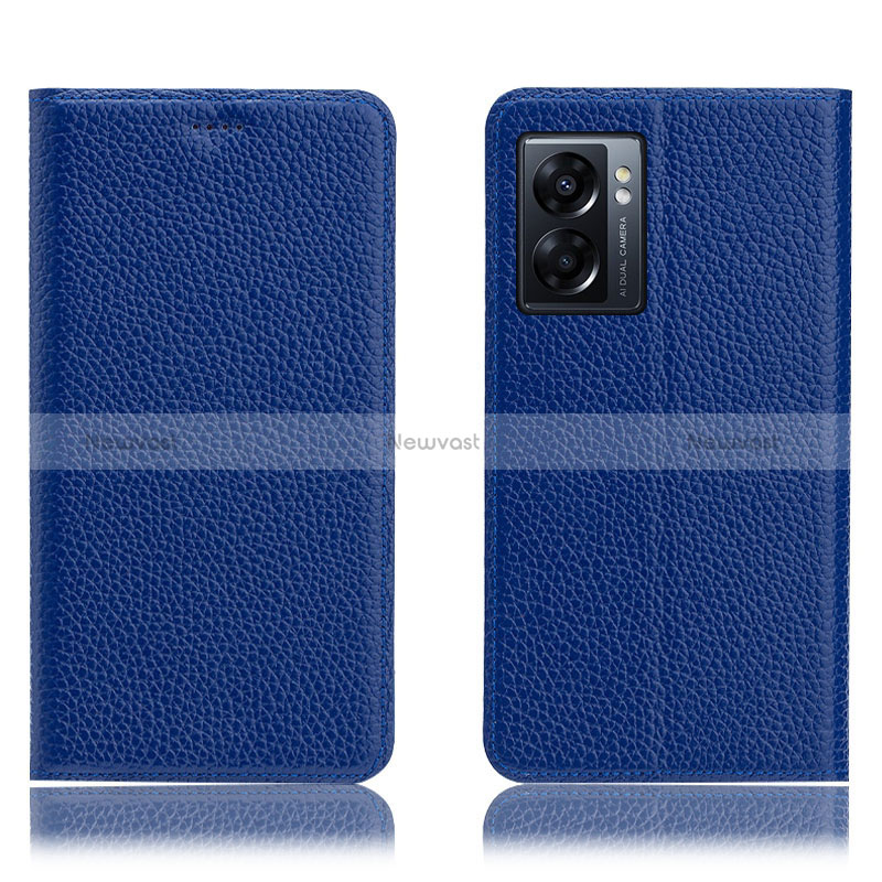 Leather Case Stands Flip Cover Holder H02P for Oppo A57 5G Blue